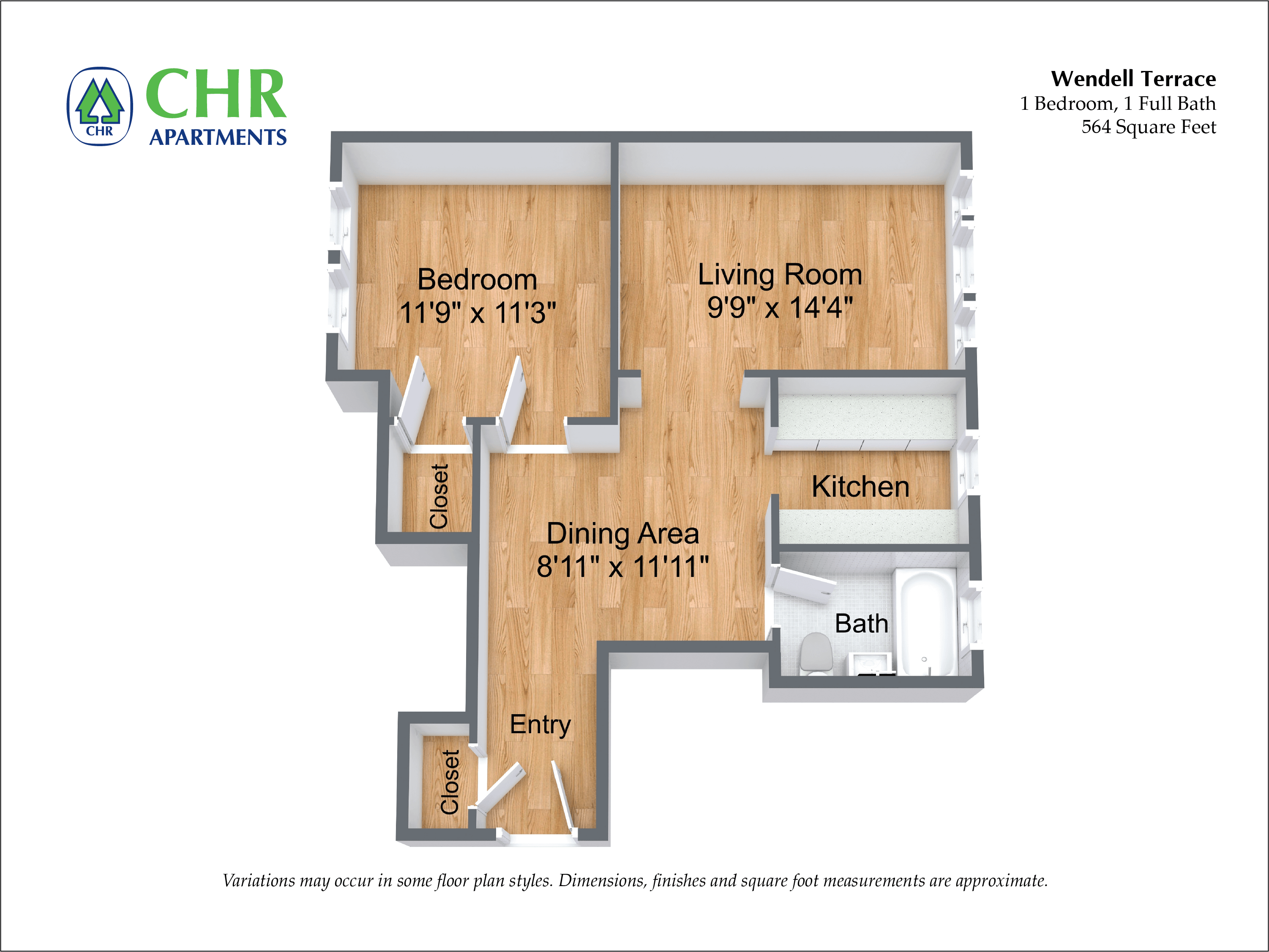 Floor plan for 1 bed, 1 bath, 831 sqft